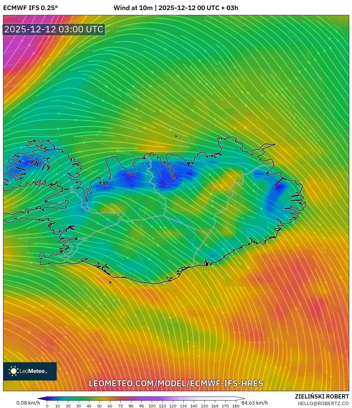 ECMWF IFS 0.25° model - Iceland, Angin 10 m