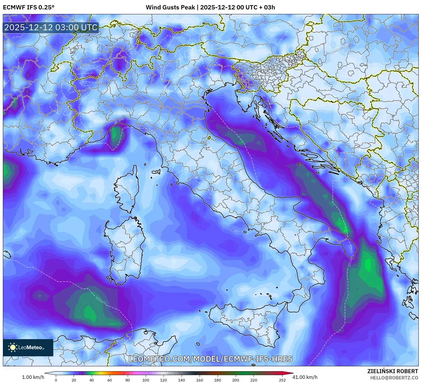 ECMWF IFS 0.25° model - Itali, Hembusan Tertinggi