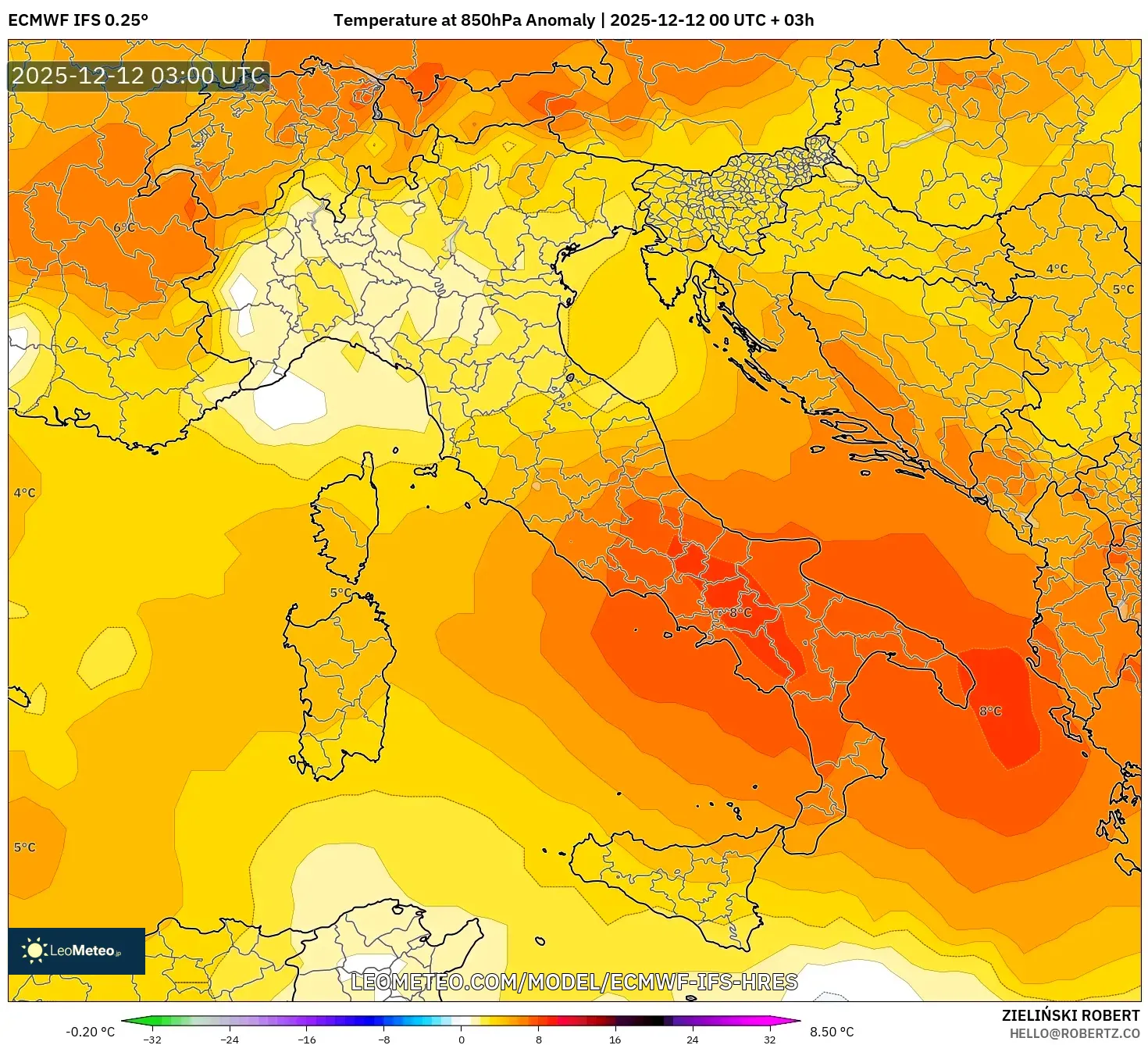 ECMWF IFS 0.25° model - Itali, Anomali Suhu 850 hPa