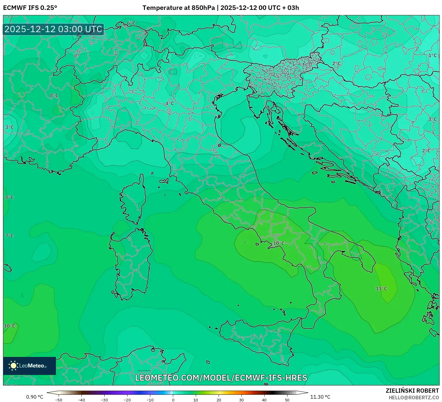 ECMWF IFS 0.25° model - Itali, Suhu 850 hPa