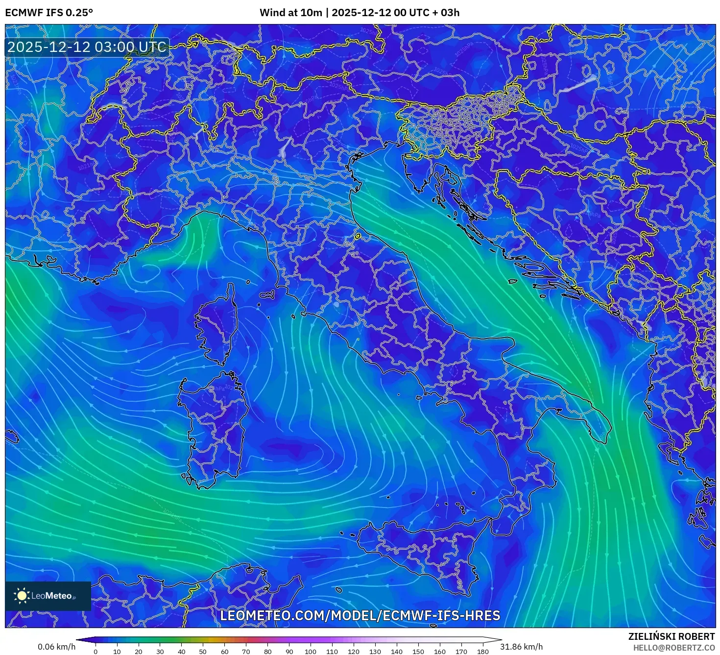 ECMWF IFS 0.25° model - Itali, Angin 10 m
