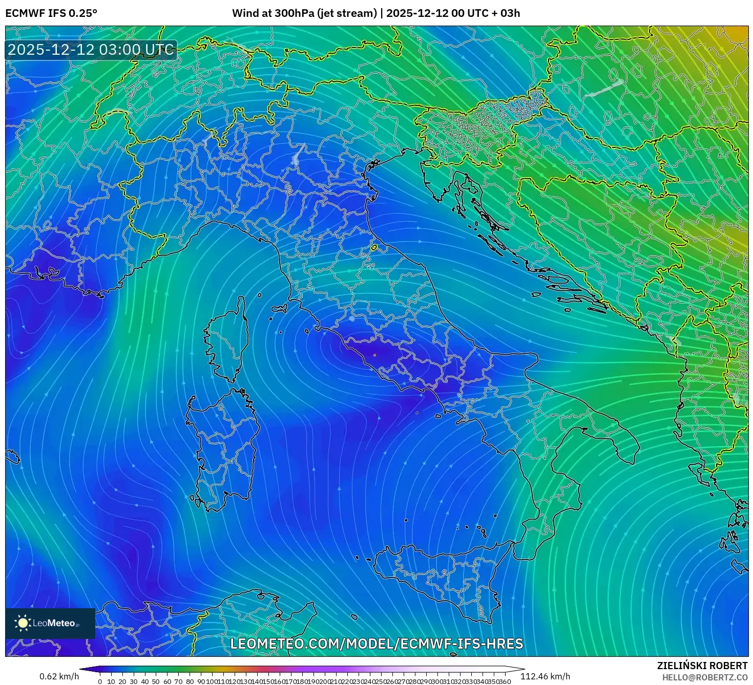 ECMWF IFS 0.25° model - Itali, Angin 300 hPa (aliran jet)