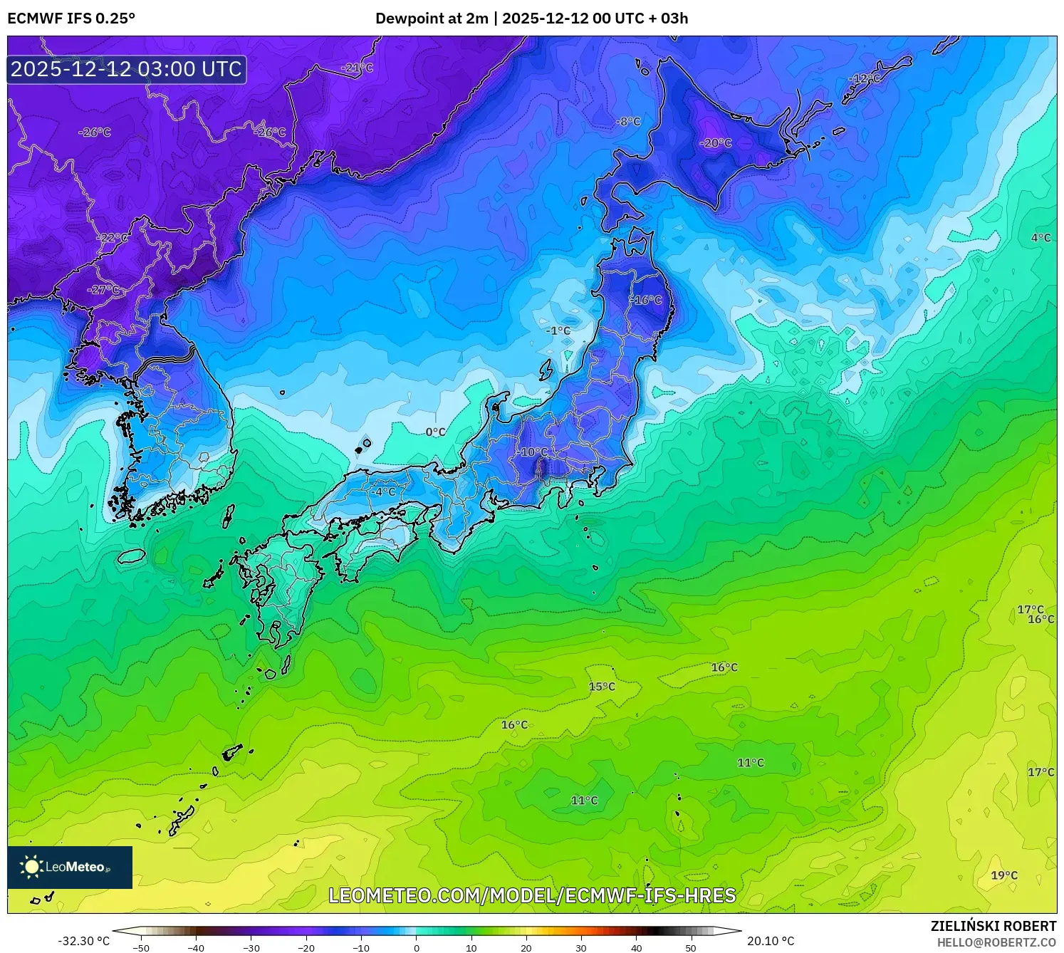 ECMWF IFS 0.25° model - Jepun, Takat Embun 2 m