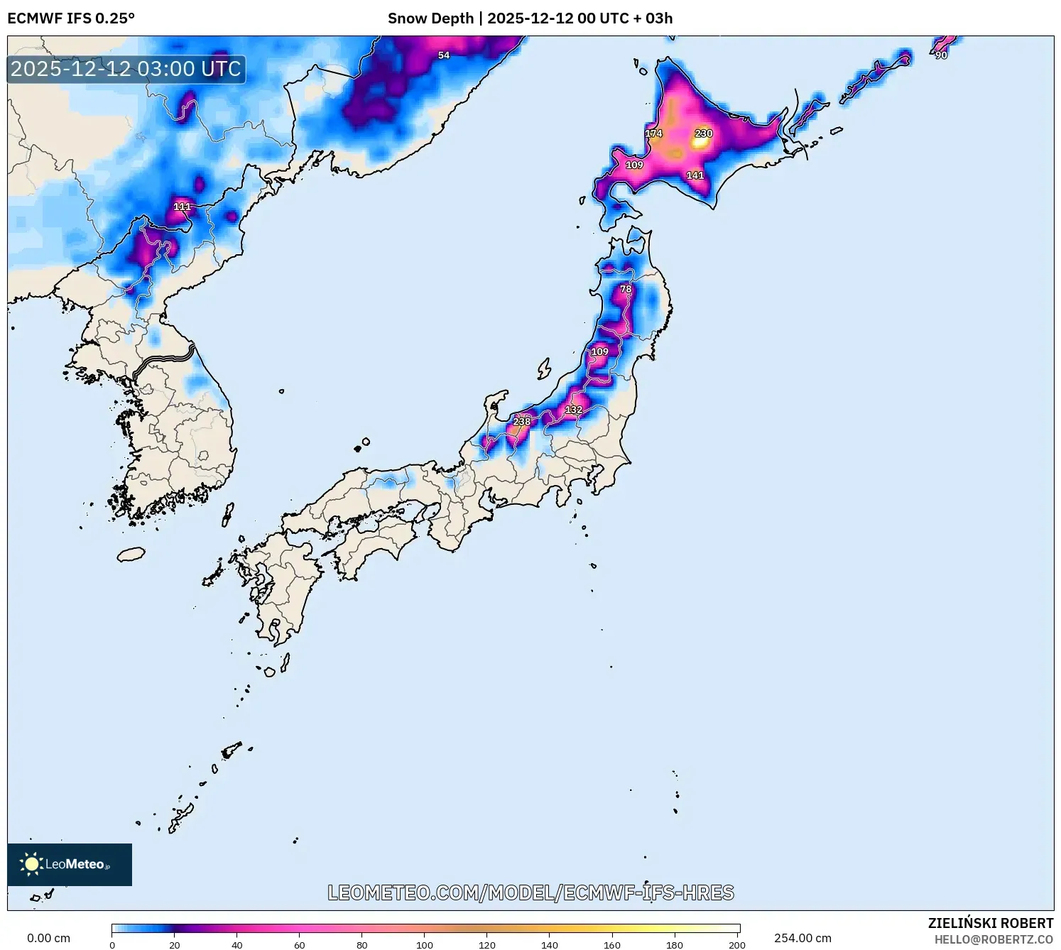 ECMWF IFS 0.25° model - Jepun, Ketebalan Salji