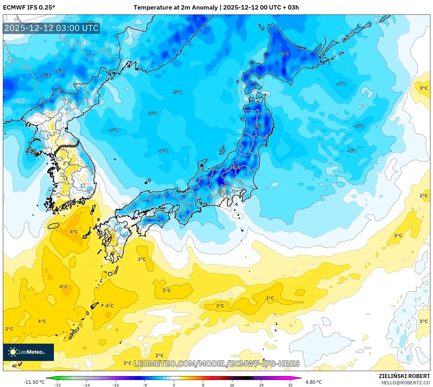 ECMWF IFS 0.25° model - Jepun, Anomali Suhu 2 m