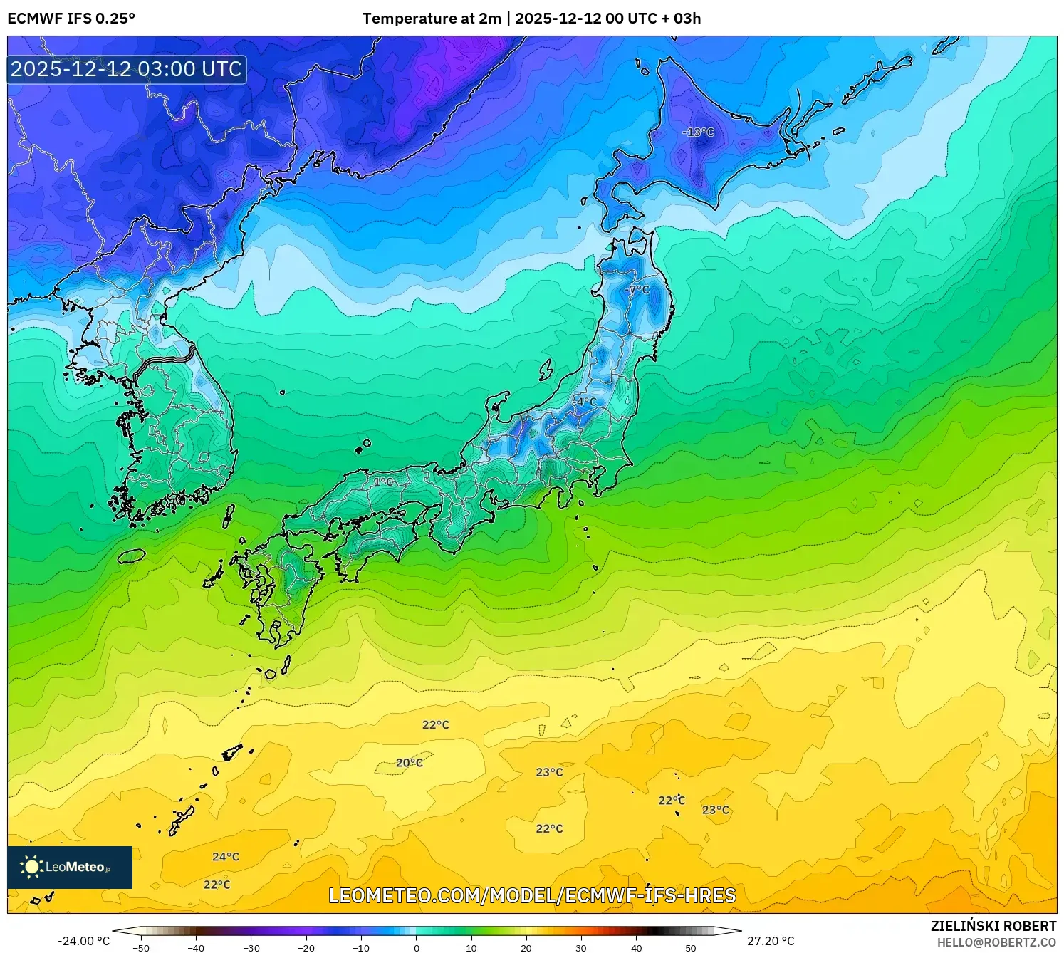 ECMWF IFS 0.25° model - Jepun, Suhu pada 2 m
