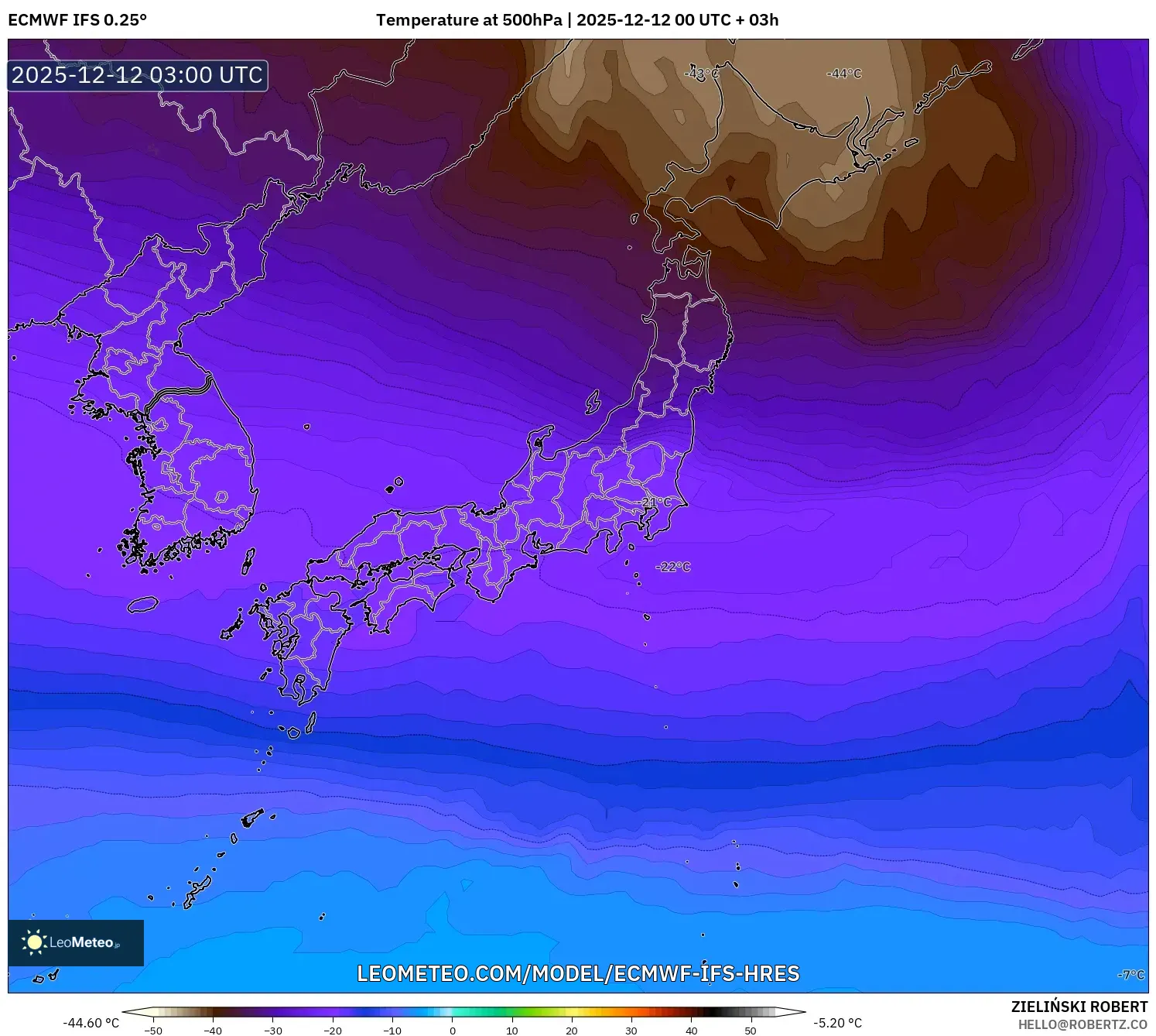 ECMWF IFS 0.25° model - Jepun, Suhu 500 hPa