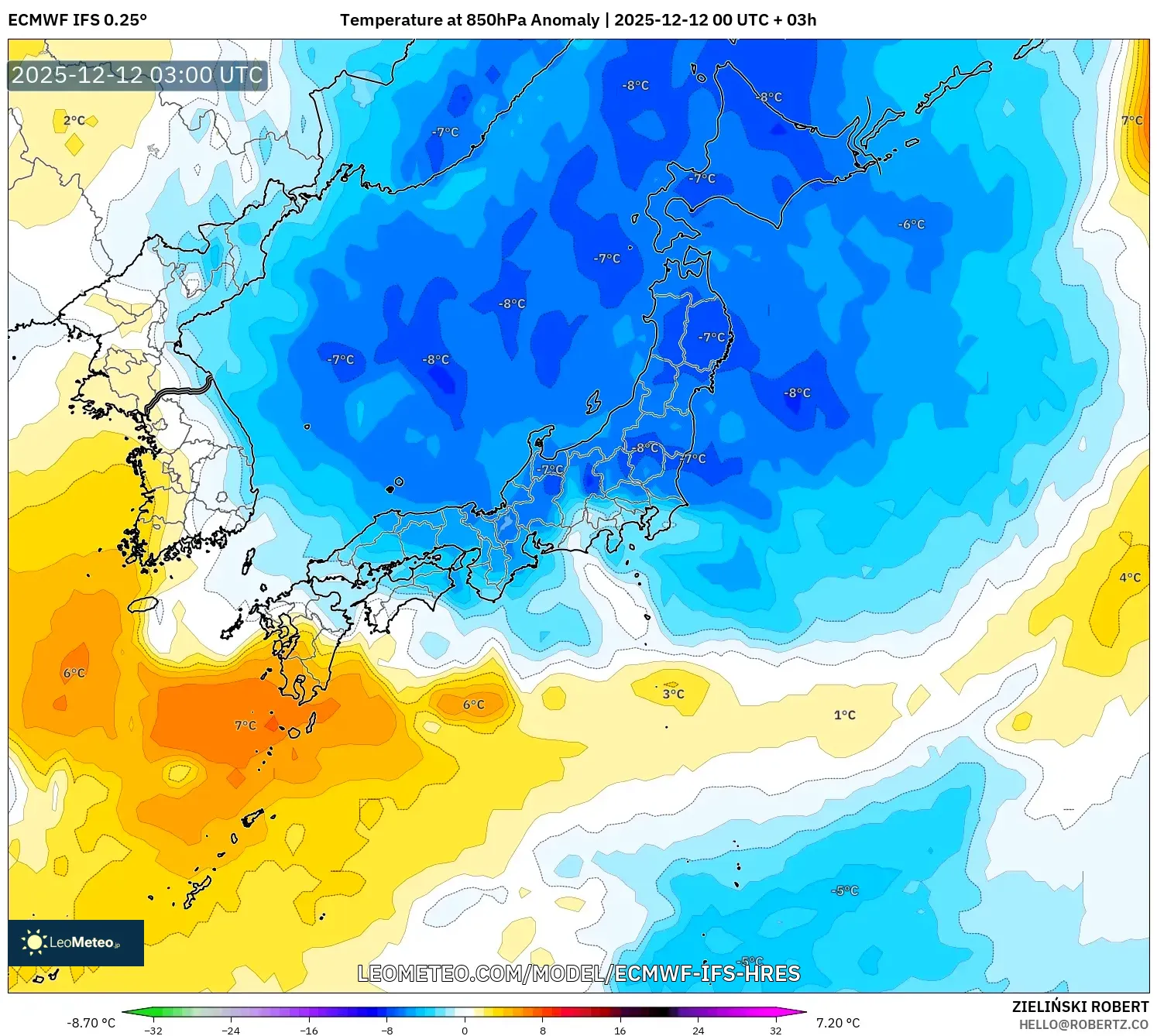 ECMWF IFS 0.25° model - Jepun, Anomali Suhu 850 hPa