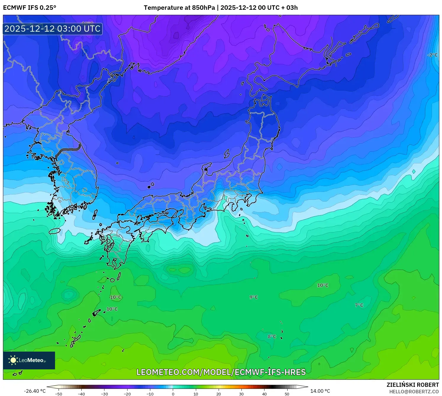 ECMWF IFS 0.25° model - Jepun, Suhu 850 hPa