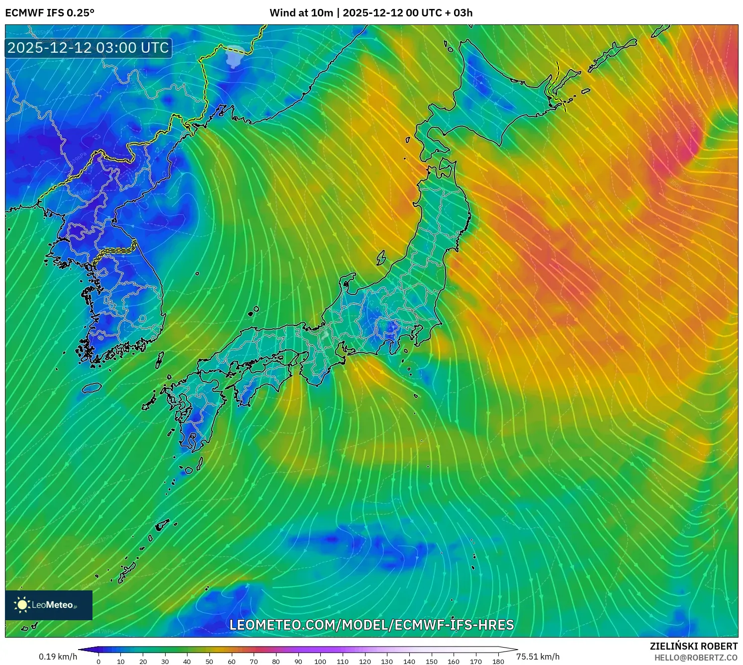 ECMWF IFS 0.25° model - Jepun, Angin 10 m