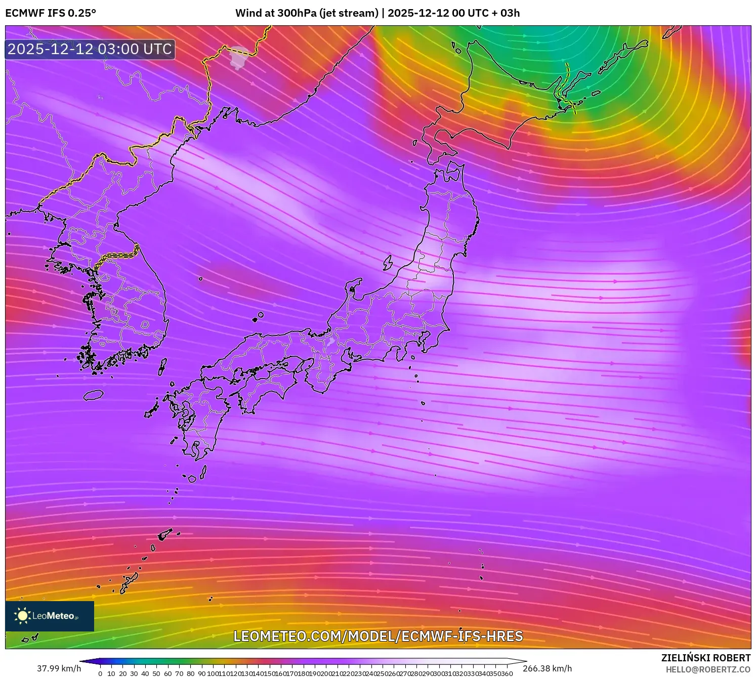 ECMWF IFS 0.25° model - Jepun, Angin 300 hPa (aliran jet)