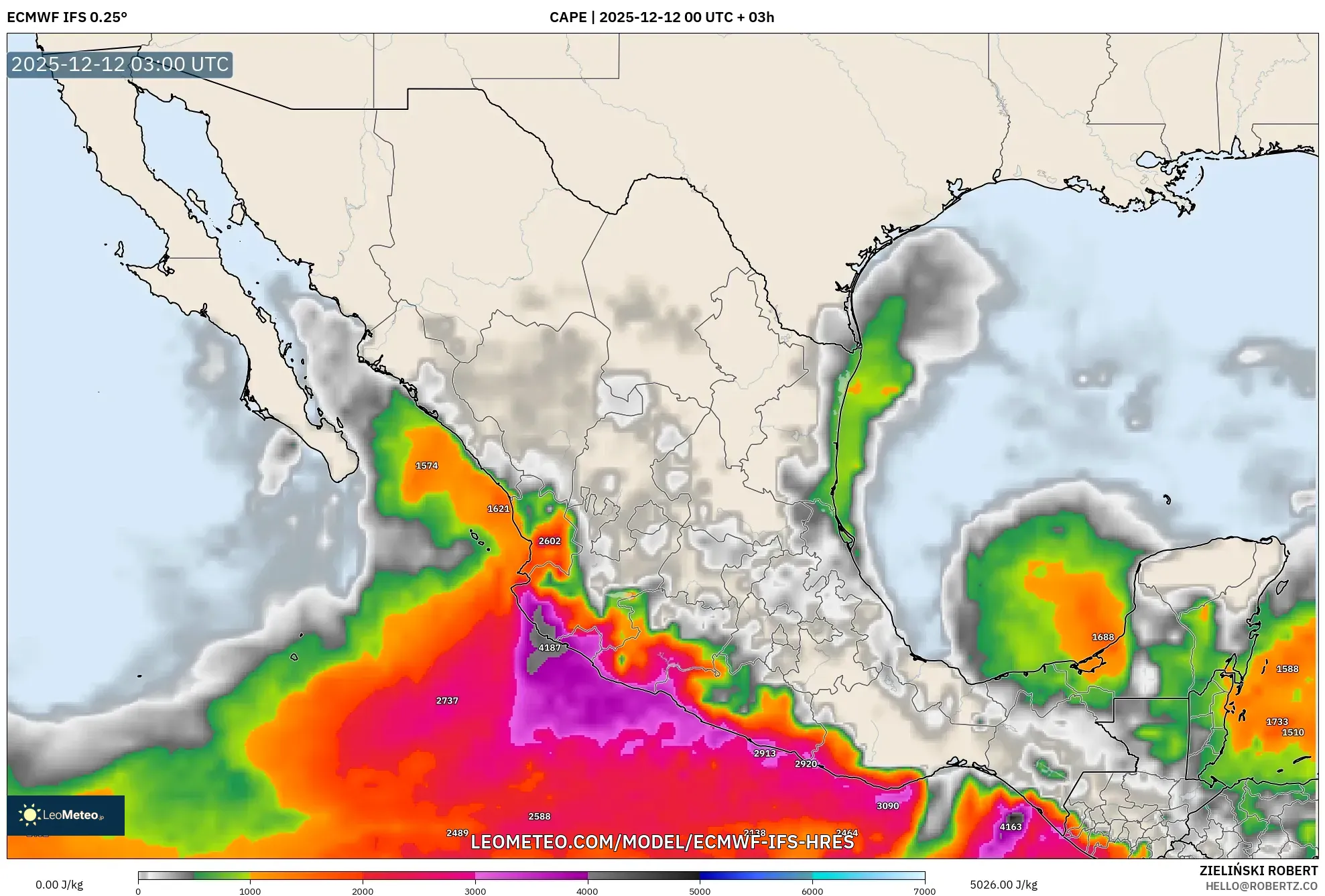 ECMWF IFS 0.25° model - Mexico, CAPE