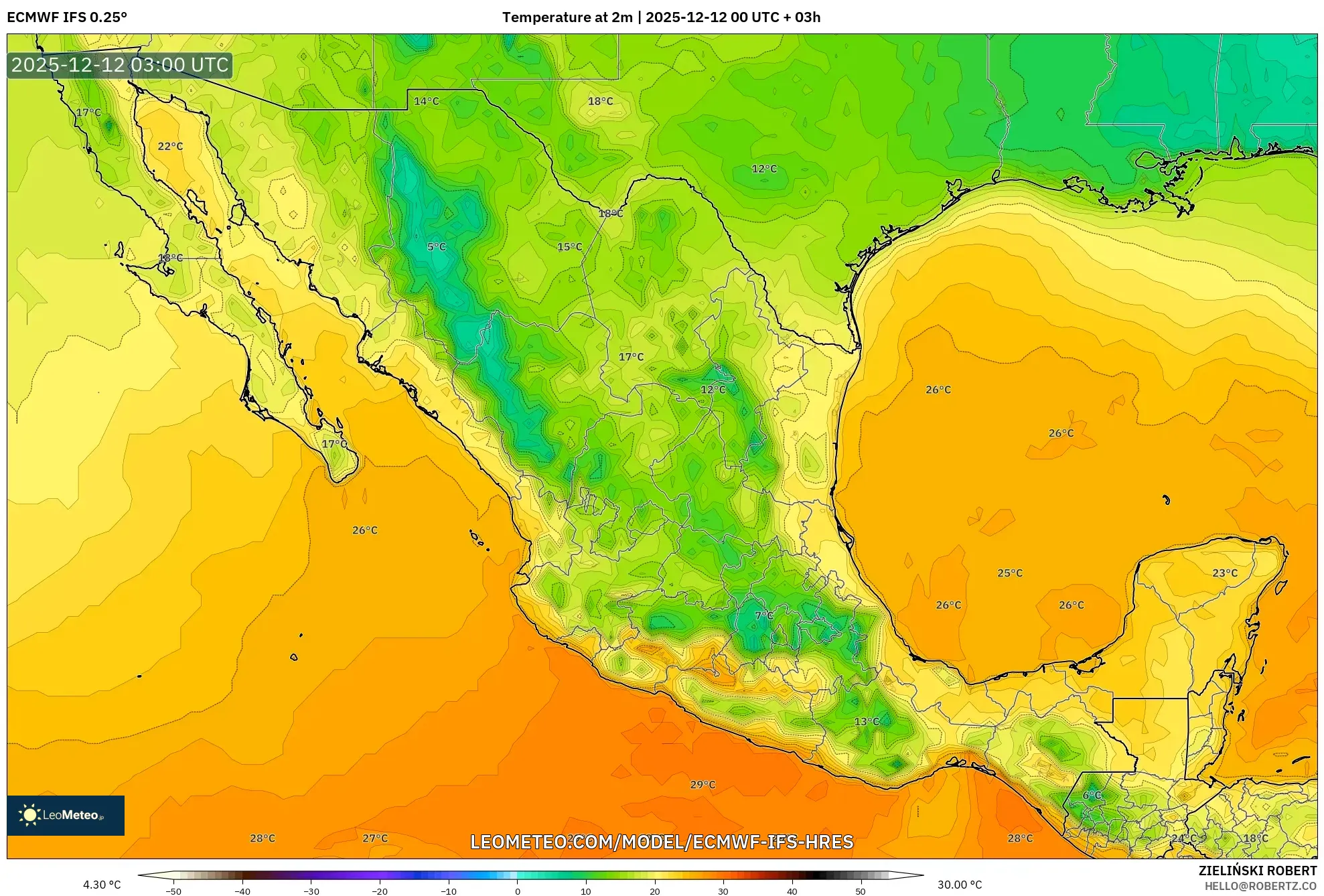 ECMWF IFS 0.25° model - Mexico, Suhu pada 2 m