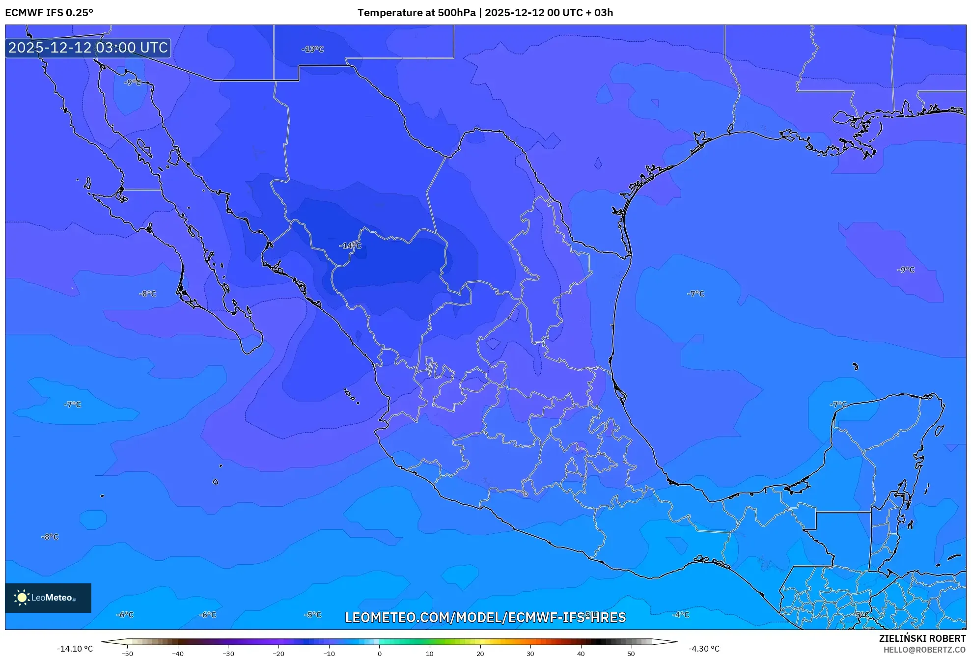ECMWF IFS 0.25° model - Mexico, Suhu 500 hPa
