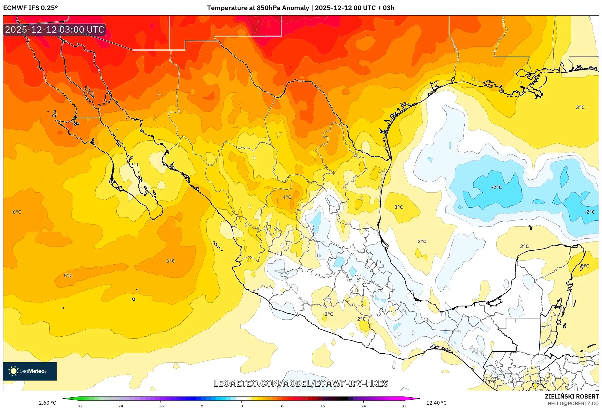 ECMWF IFS 0.25° model - Mexico, Anomali Suhu 850 hPa