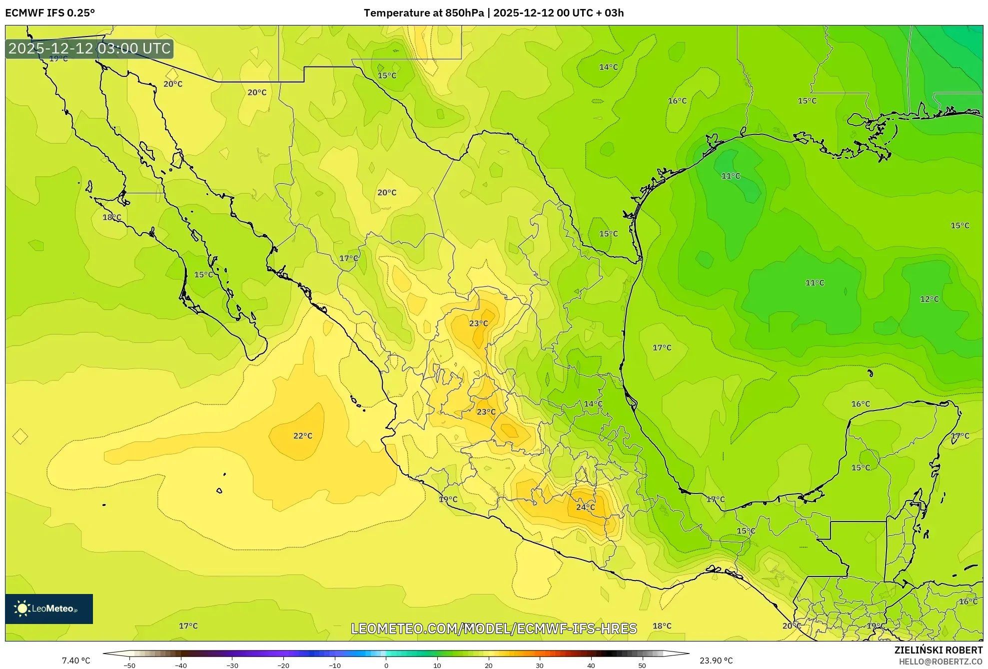 ECMWF IFS 0.25° model - Mexico, Suhu 850 hPa