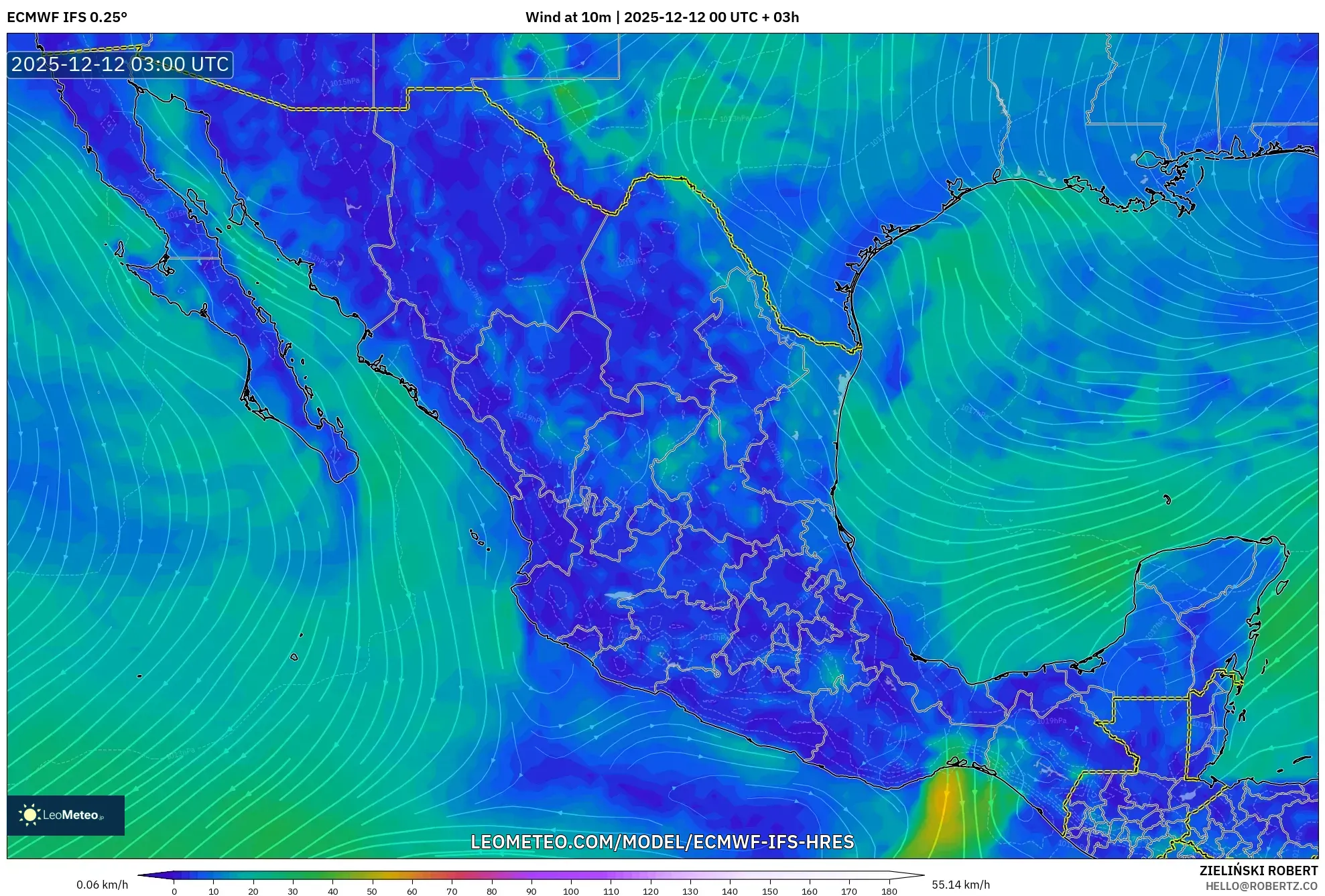 ECMWF IFS 0.25° model - Mexico, Angin 10 m