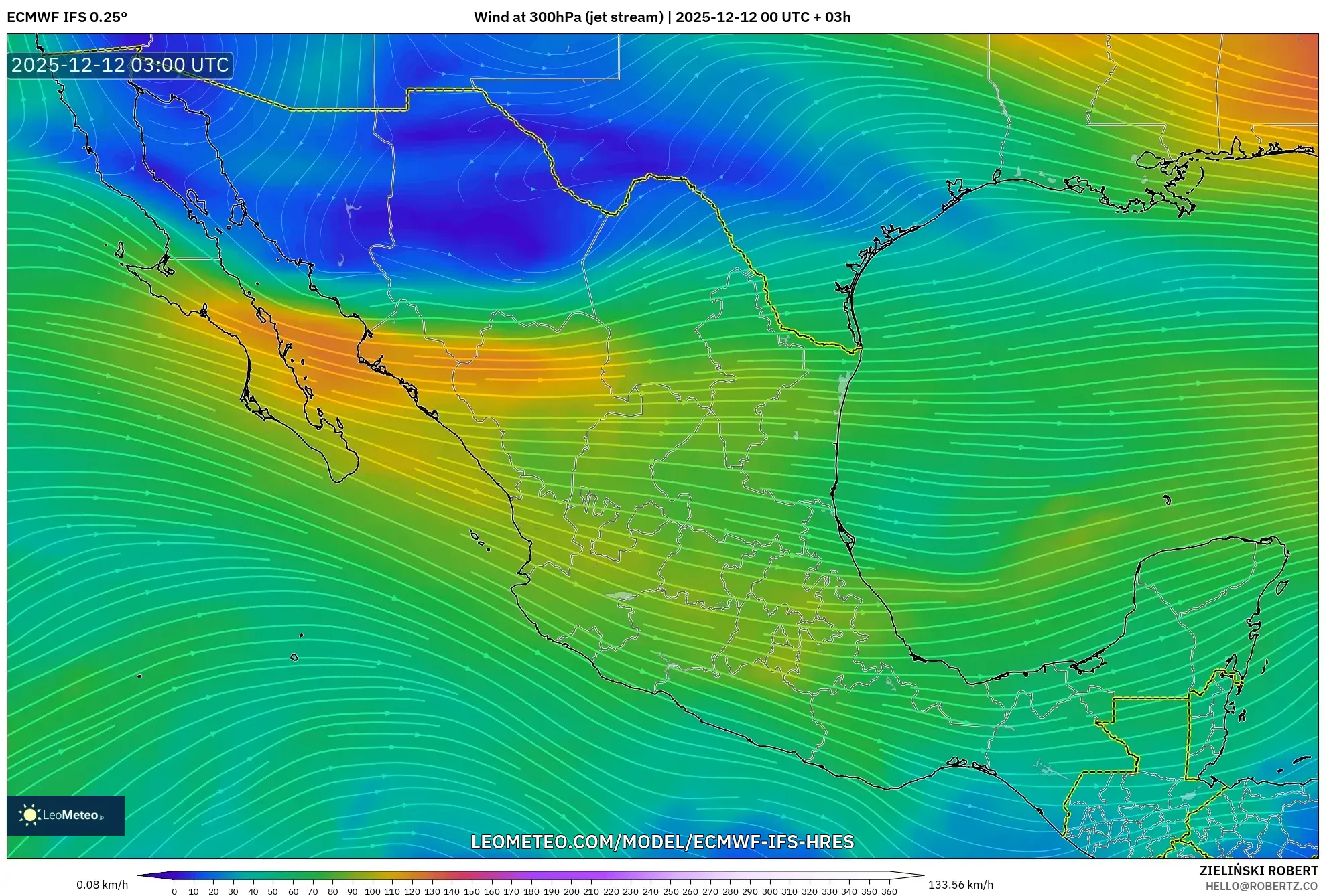 ECMWF IFS 0.25° model - Mexico, Angin 300 hPa (aliran jet)