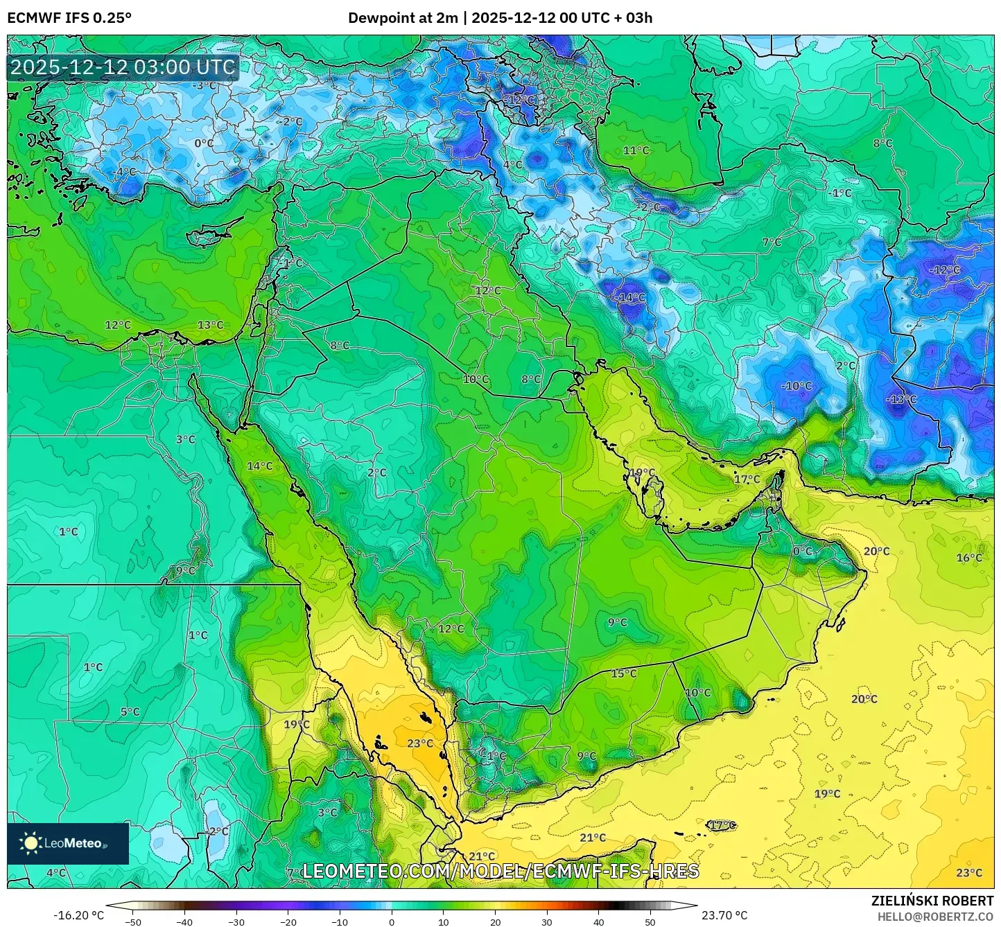ECMWF IFS 0.25° model - Timur Tengah, Takat Embun 2 m