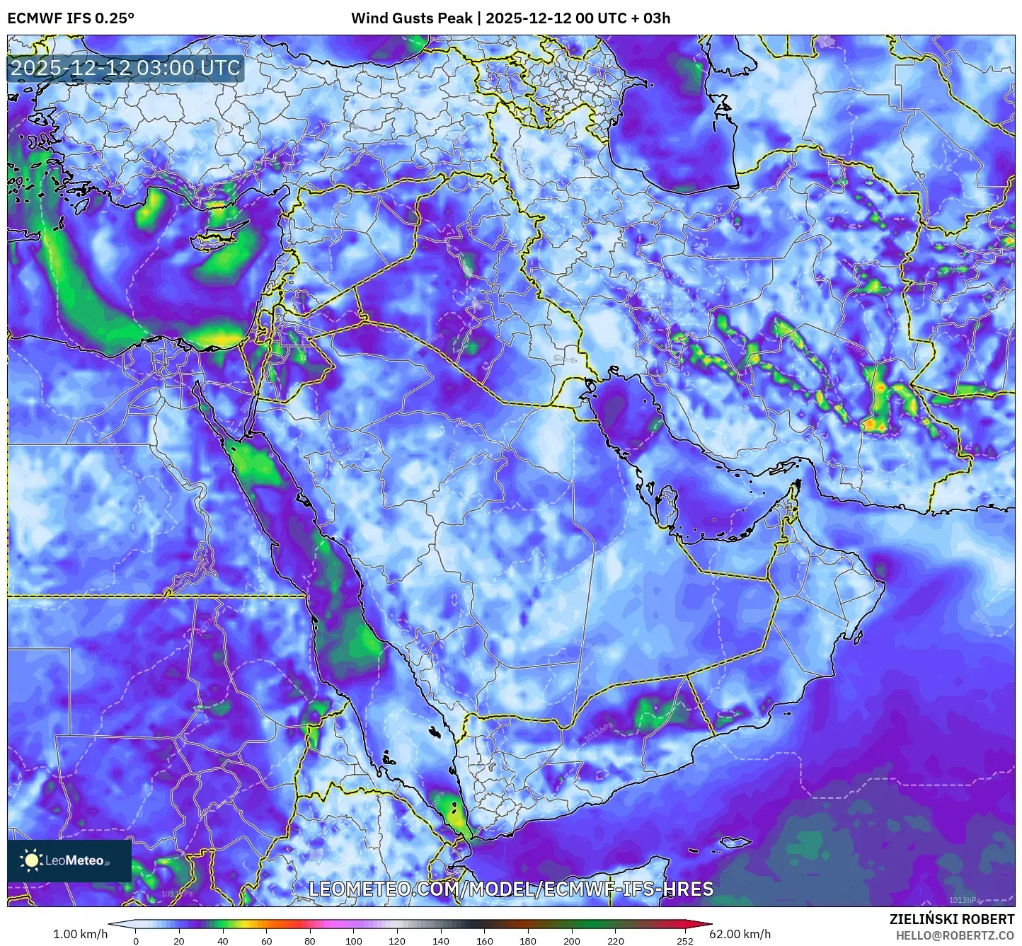 ECMWF IFS 0.25° model - Timur Tengah, Hembusan Tertinggi