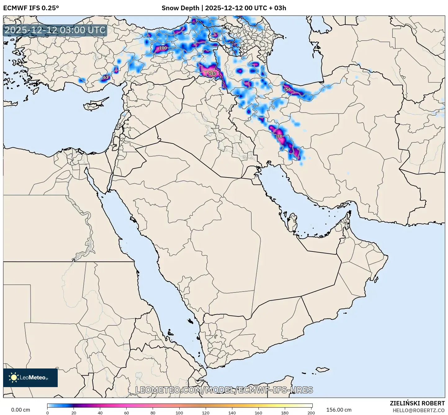 ECMWF IFS 0.25° model - Timur Tengah, Ketebalan Salji