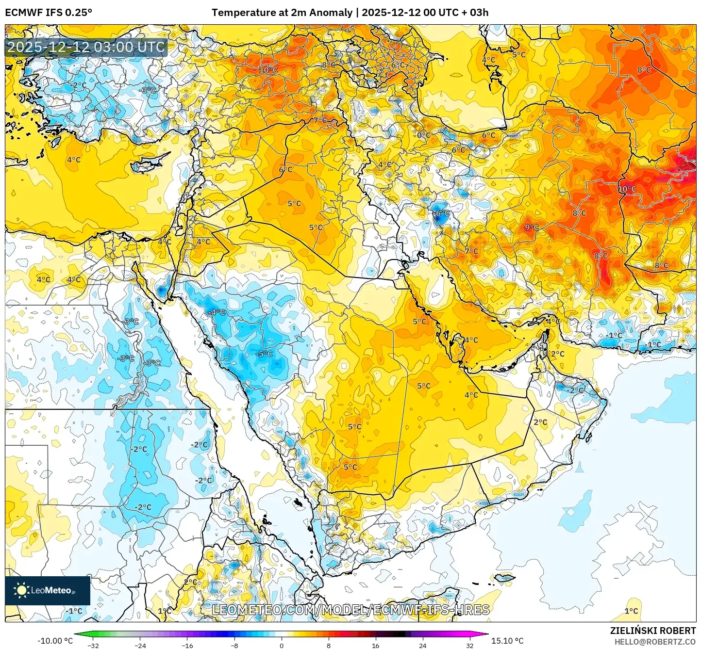 ECMWF IFS 0.25° model - Timur Tengah, Anomali Suhu 2 m