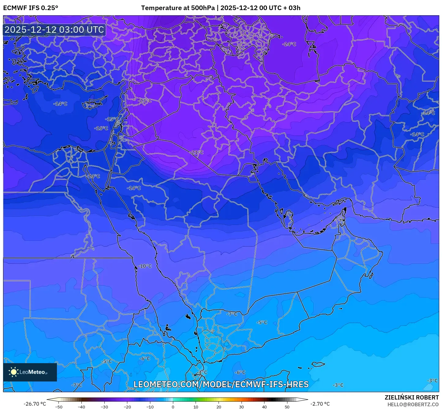 ECMWF IFS 0.25° model - Timur Tengah, Suhu 500 hPa