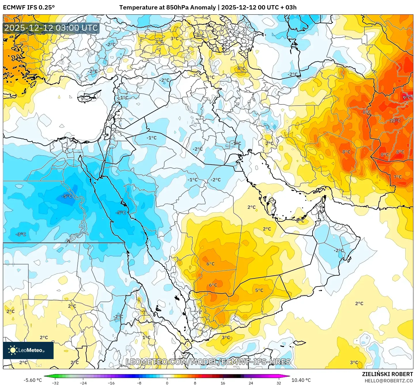 ECMWF IFS 0.25° model - Timur Tengah, Anomali Suhu 850 hPa