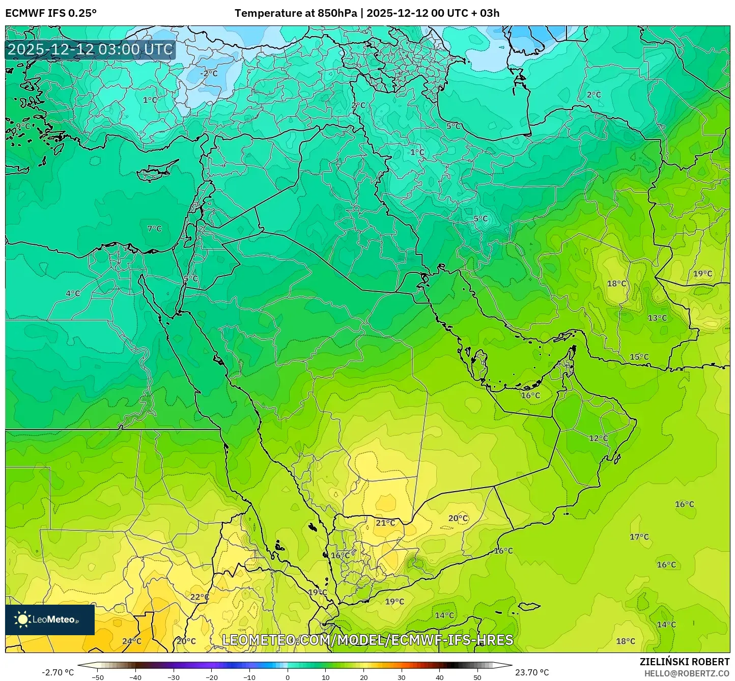 ECMWF IFS 0.25° model - Timur Tengah, Suhu 850 hPa