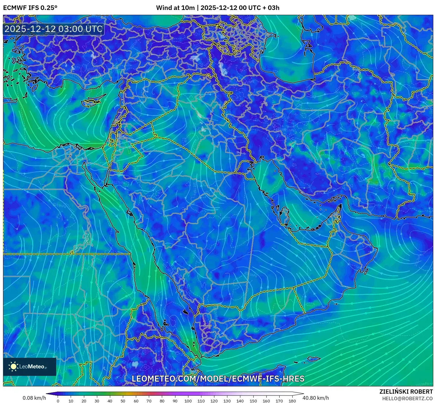 ECMWF IFS 0.25° model - Timur Tengah, Angin 10 m