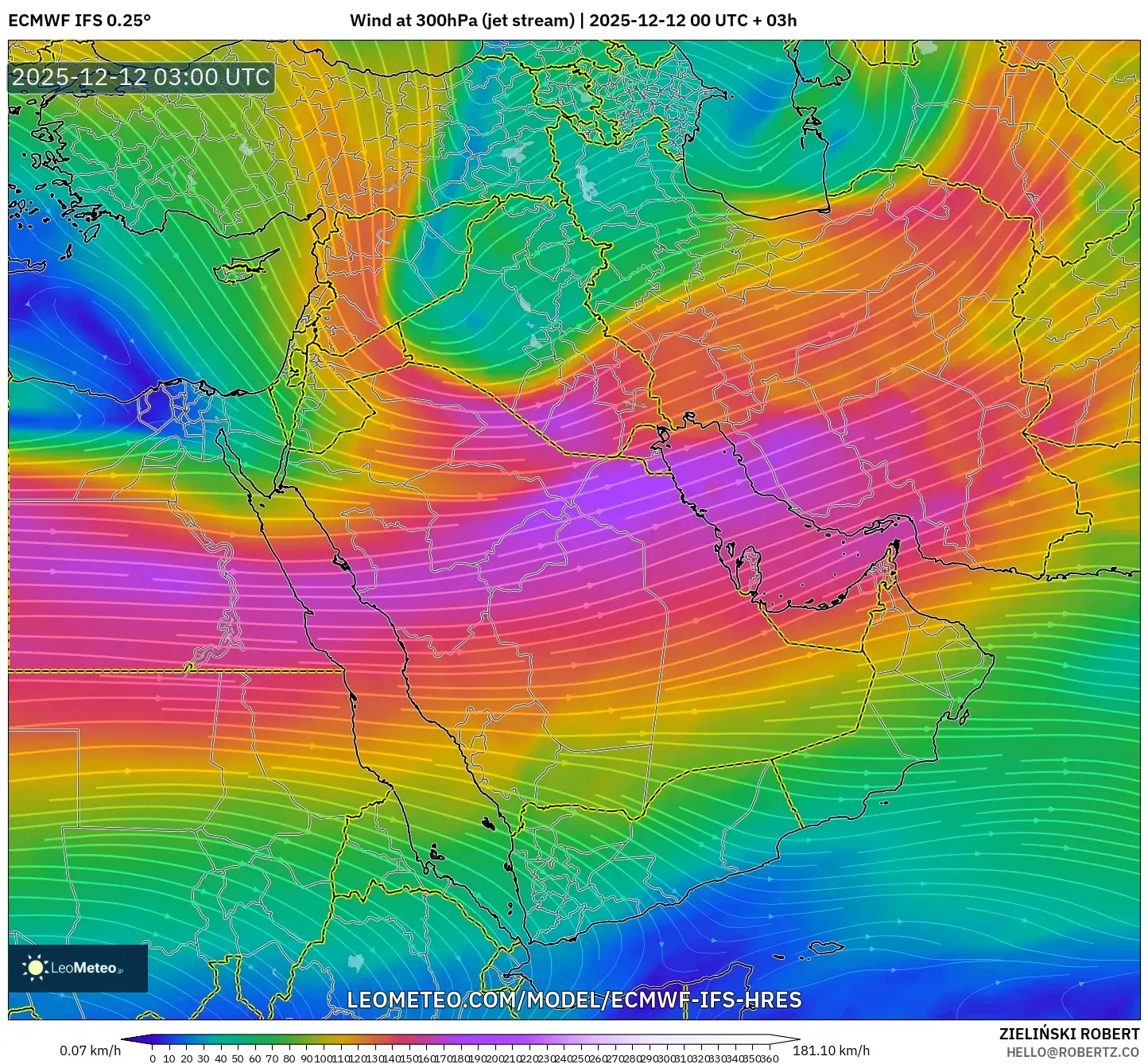 ECMWF IFS 0.25° model - Timur Tengah, Angin 300 hPa (aliran jet)