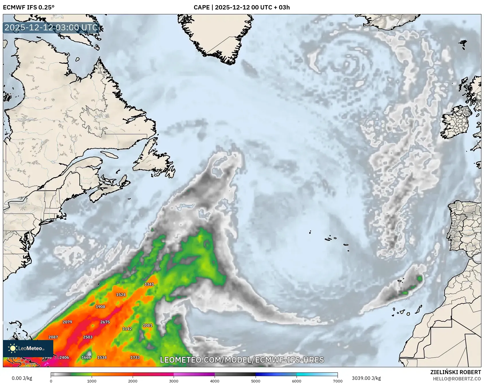 ECMWF IFS 0.25° model - Atlantik Utara, CAPE