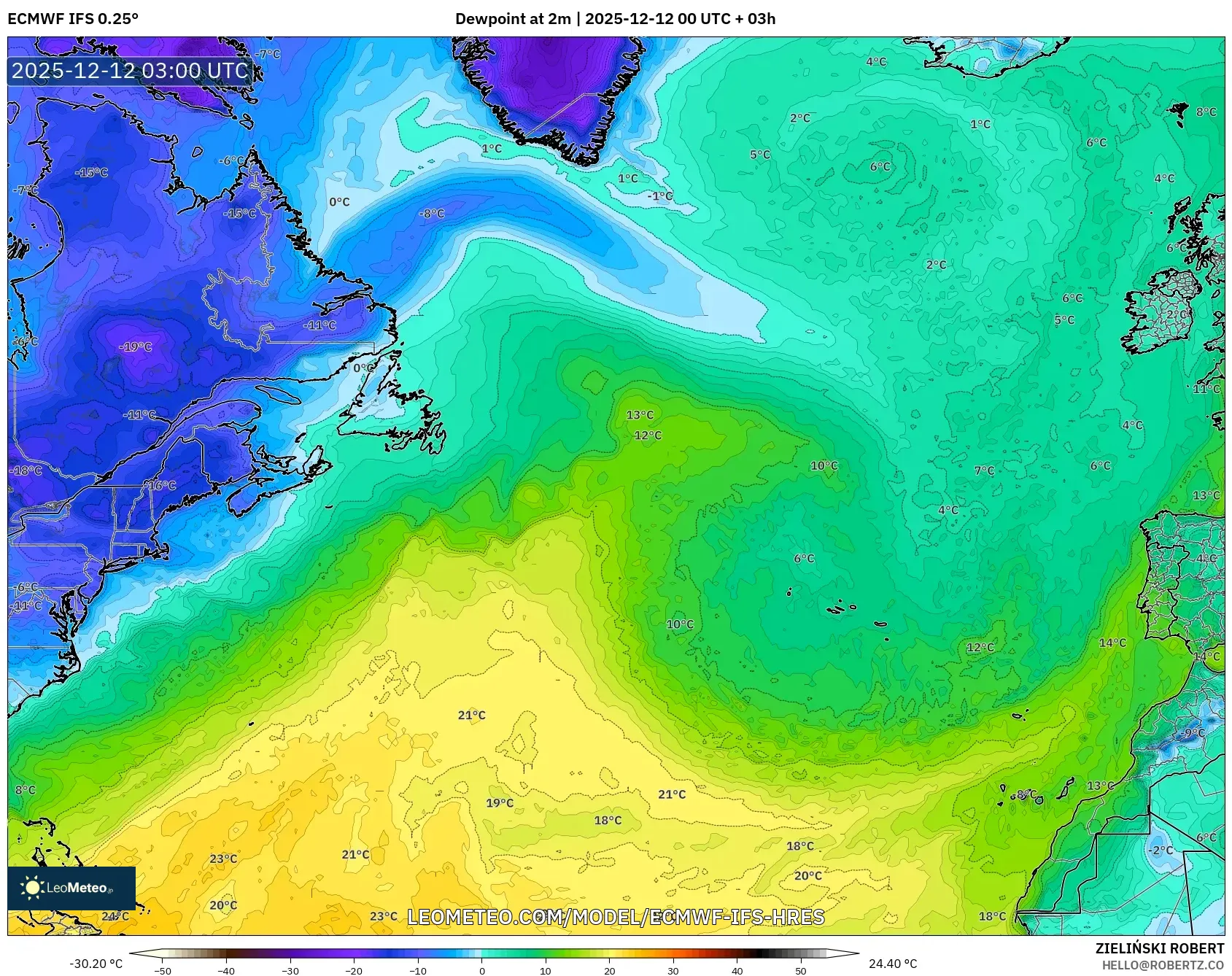ECMWF IFS 0.25° model - Atlantik Utara, Takat Embun 2 m