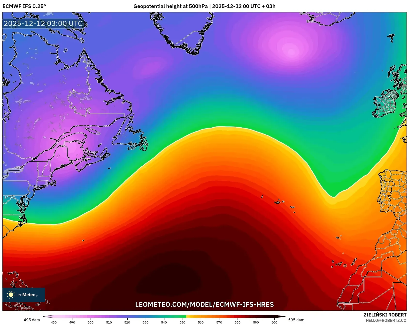 ECMWF IFS 0.25° model - Atlantik Utara, Ketinggian geopotensial pada 500 hPa