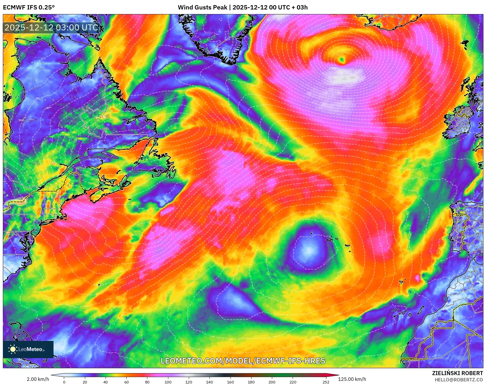 ECMWF IFS 0.25° model - Atlantik Utara, Hembusan Tertinggi