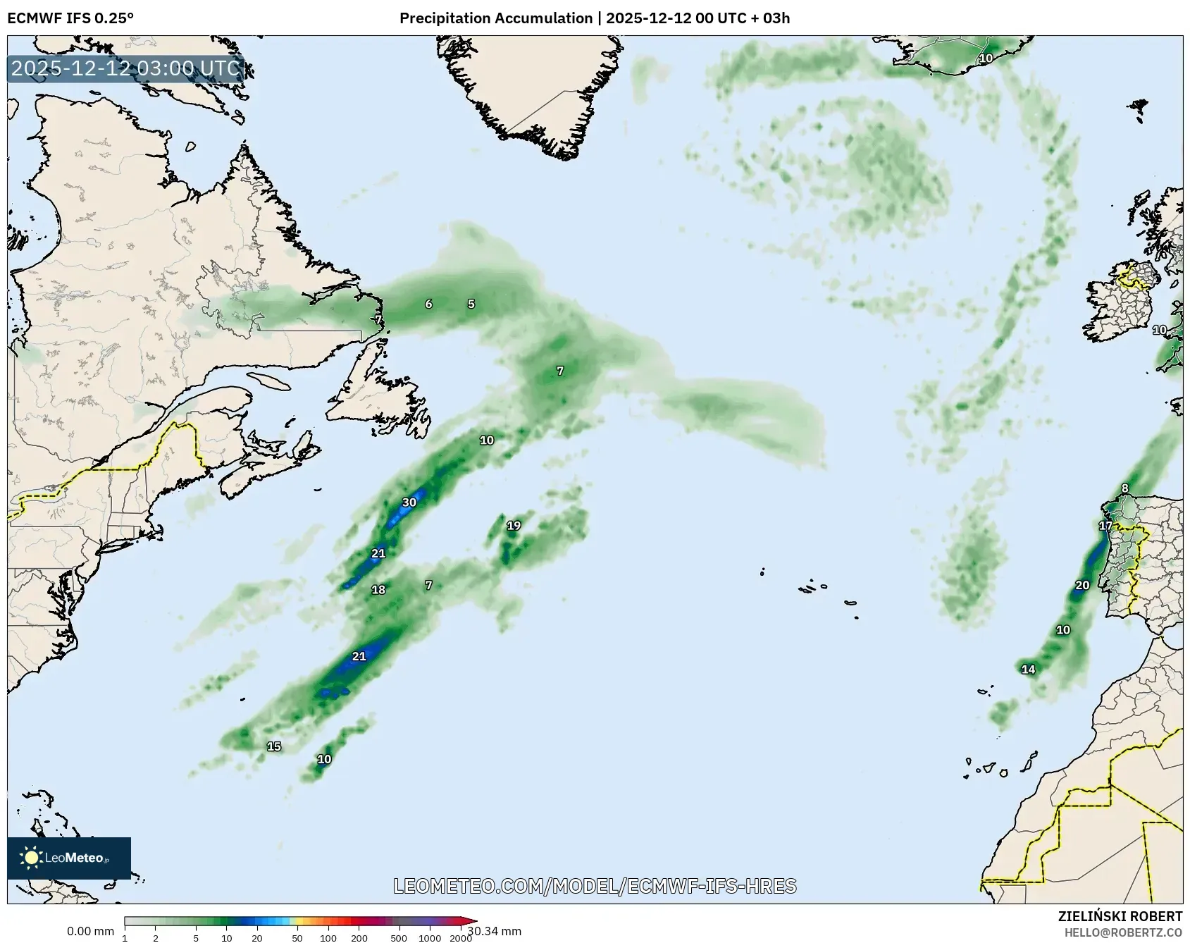 ECMWF IFS 0.25° model - Atlantik Utara, Pengumpulan Hujan