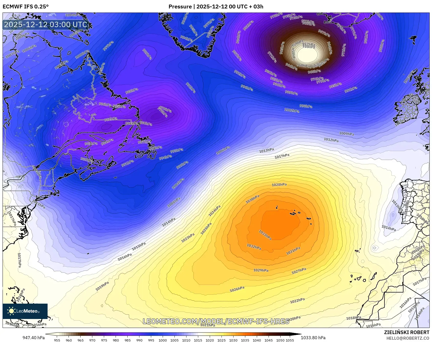ECMWF IFS 0.25° model - Atlantik Utara, Tekanan