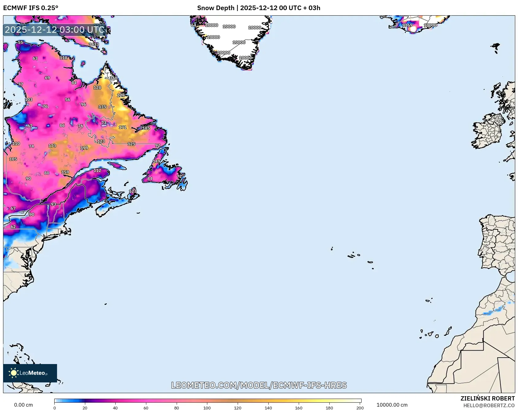 ECMWF IFS 0.25° model - Atlantik Utara, Ketebalan Salji