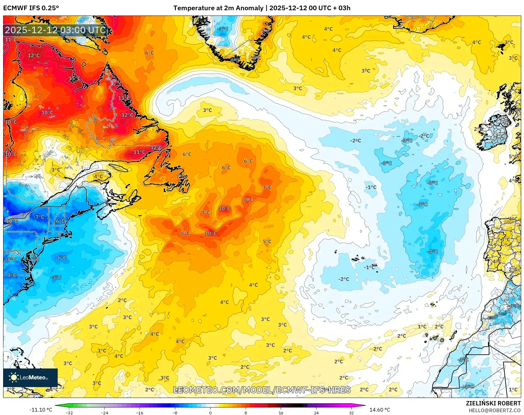 ECMWF IFS 0.25° model - Atlantik Utara, Anomali Suhu 2 m