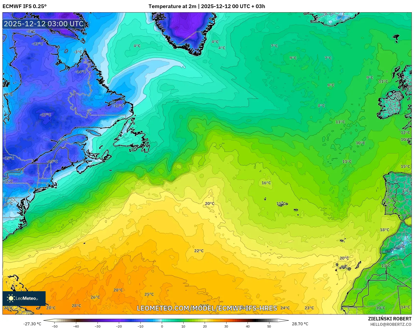 ECMWF IFS 0.25° model - Atlantik Utara, Suhu pada 2 m