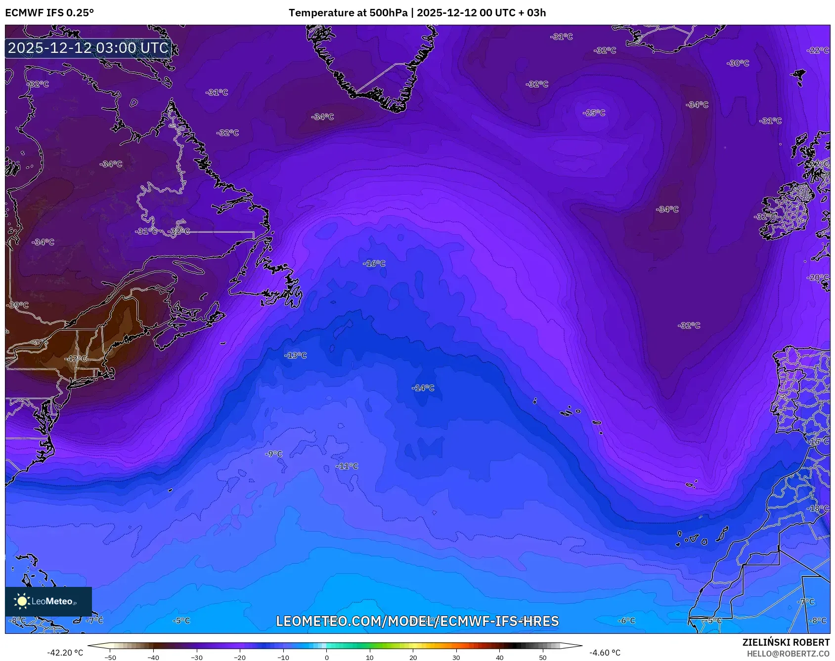 ECMWF IFS 0.25° model - Atlantik Utara, Suhu 500 hPa