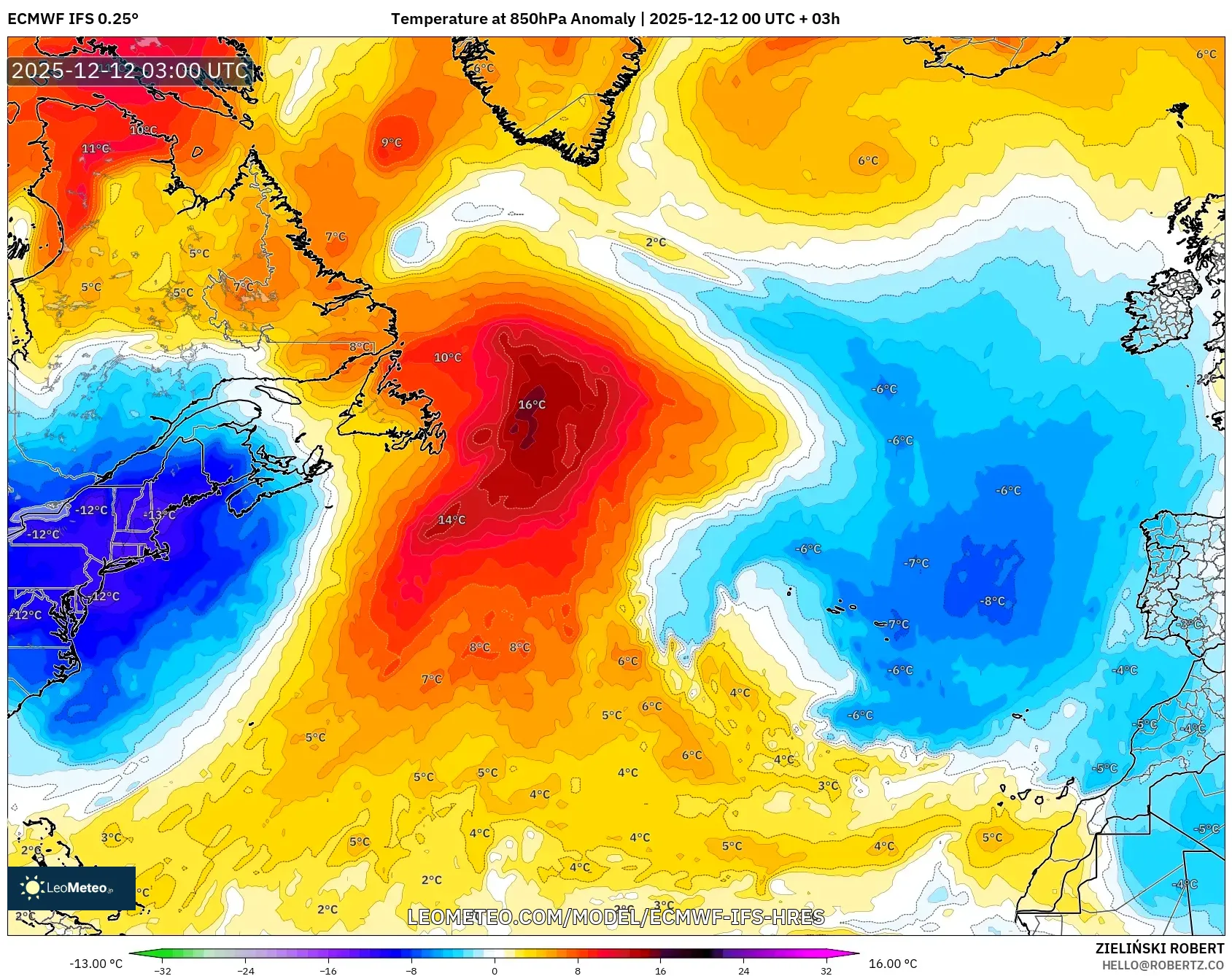 ECMWF IFS 0.25° model - Atlantik Utara, Anomali Suhu 850 hPa