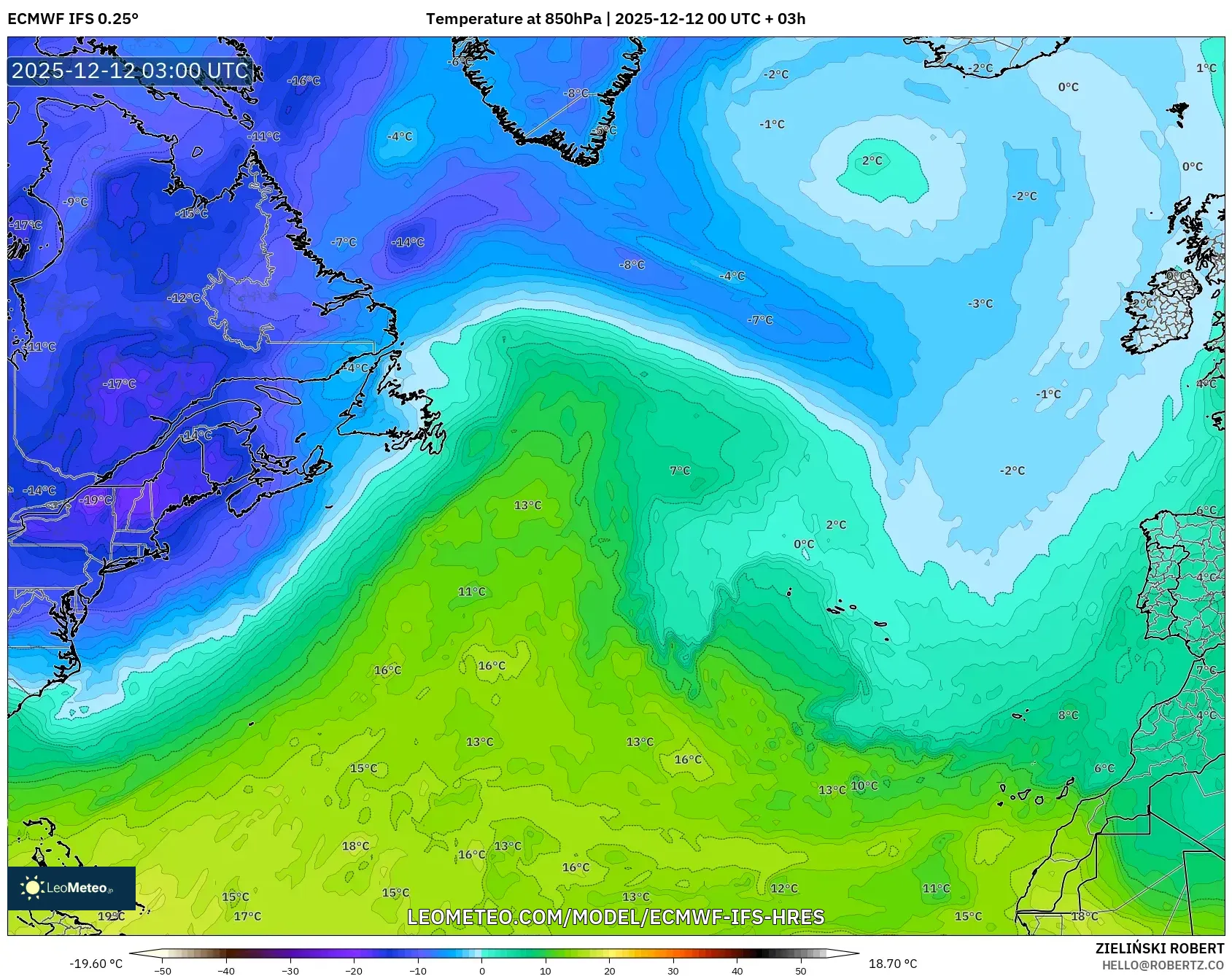 ECMWF IFS 0.25° model - Atlantik Utara, Suhu 850 hPa