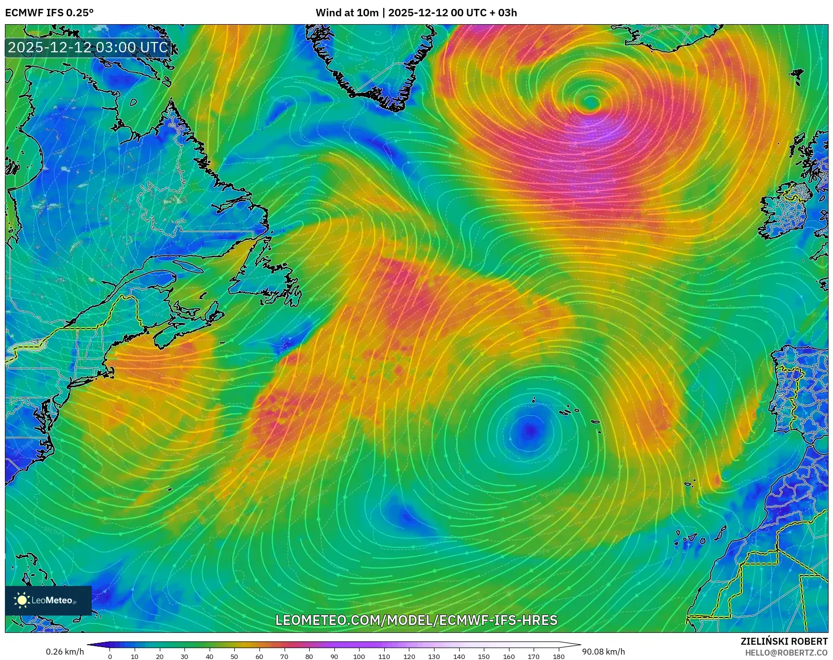ECMWF IFS 0.25° model - Atlantik Utara, Angin 10 m