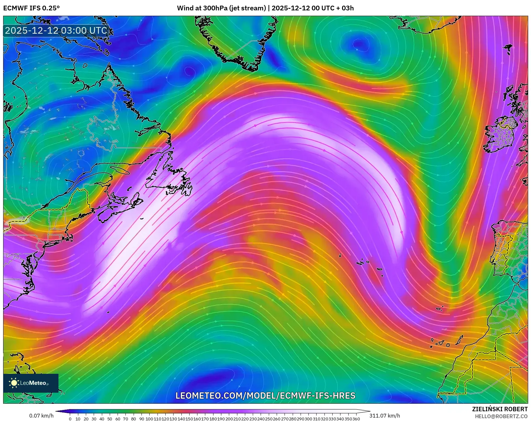 ECMWF IFS 0.25° model - Atlantik Utara, Angin 300 hPa (aliran jet)