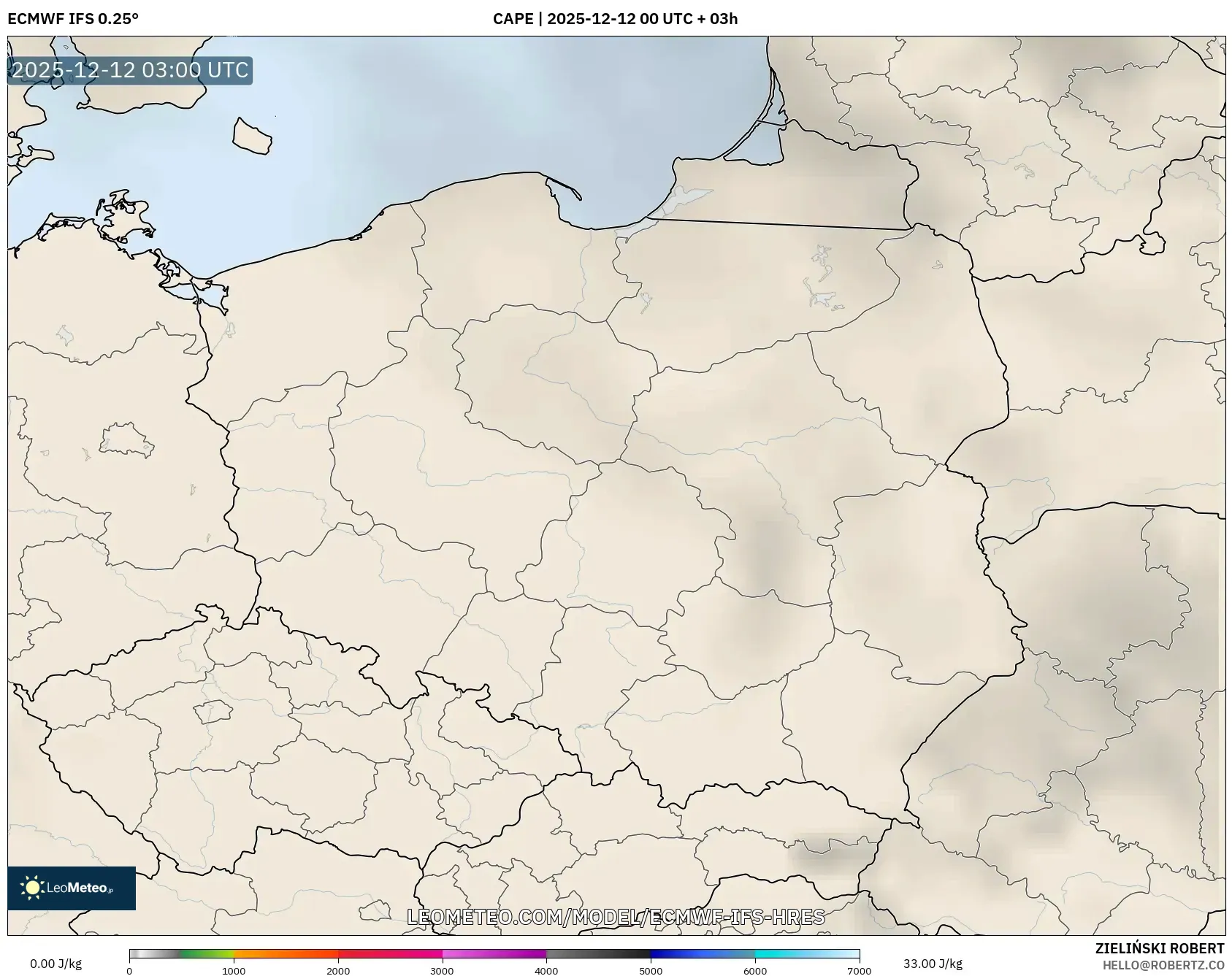 ECMWF IFS 0.25° model - Poland, CAPE