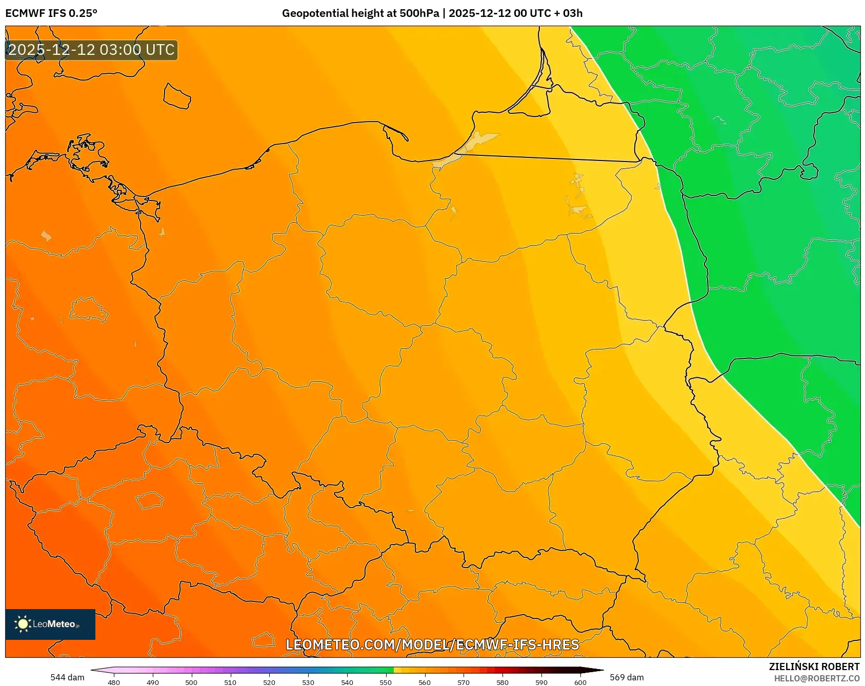 ECMWF IFS 0.25° model - Poland, Ketinggian geopotensial pada 500 hPa
