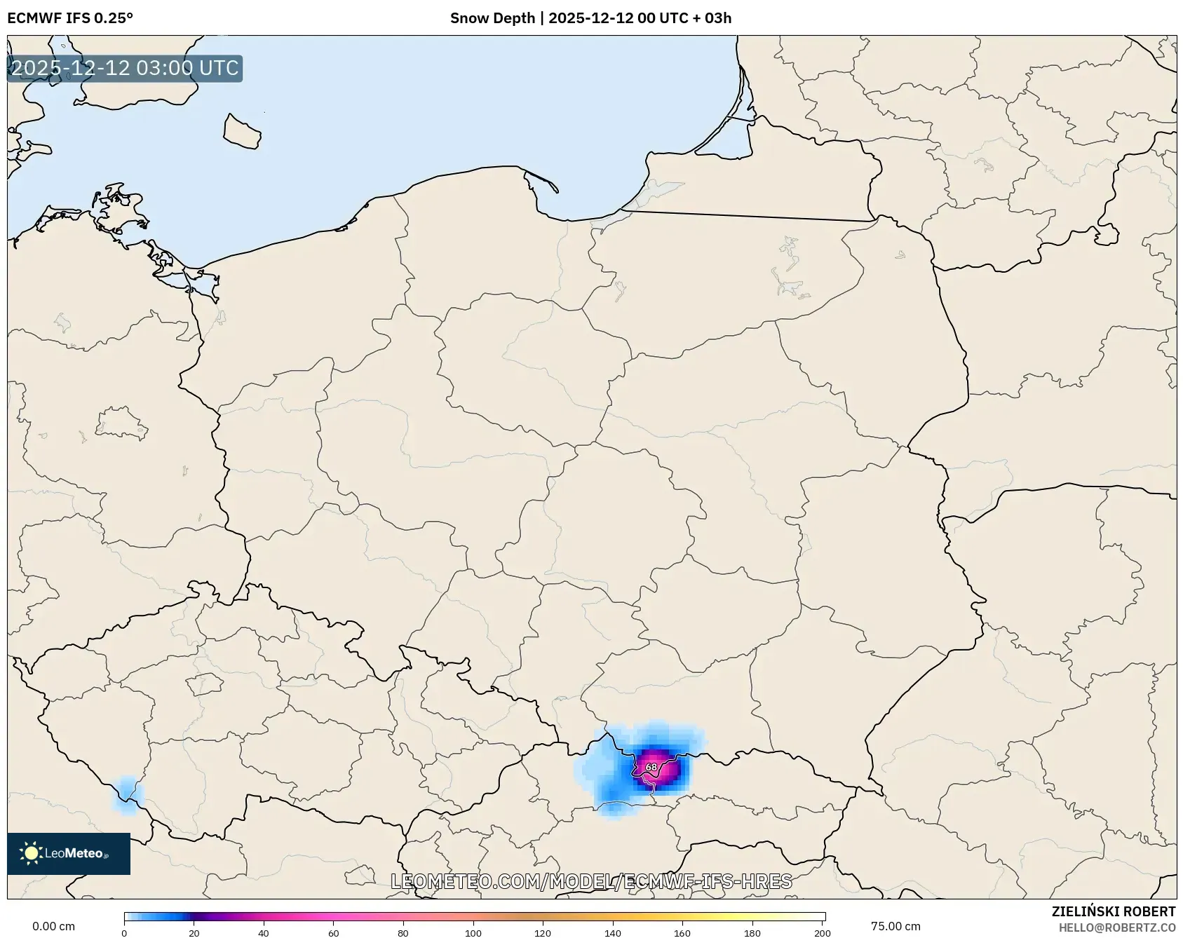 ECMWF IFS 0.25° model - Poland, Ketebalan Salji