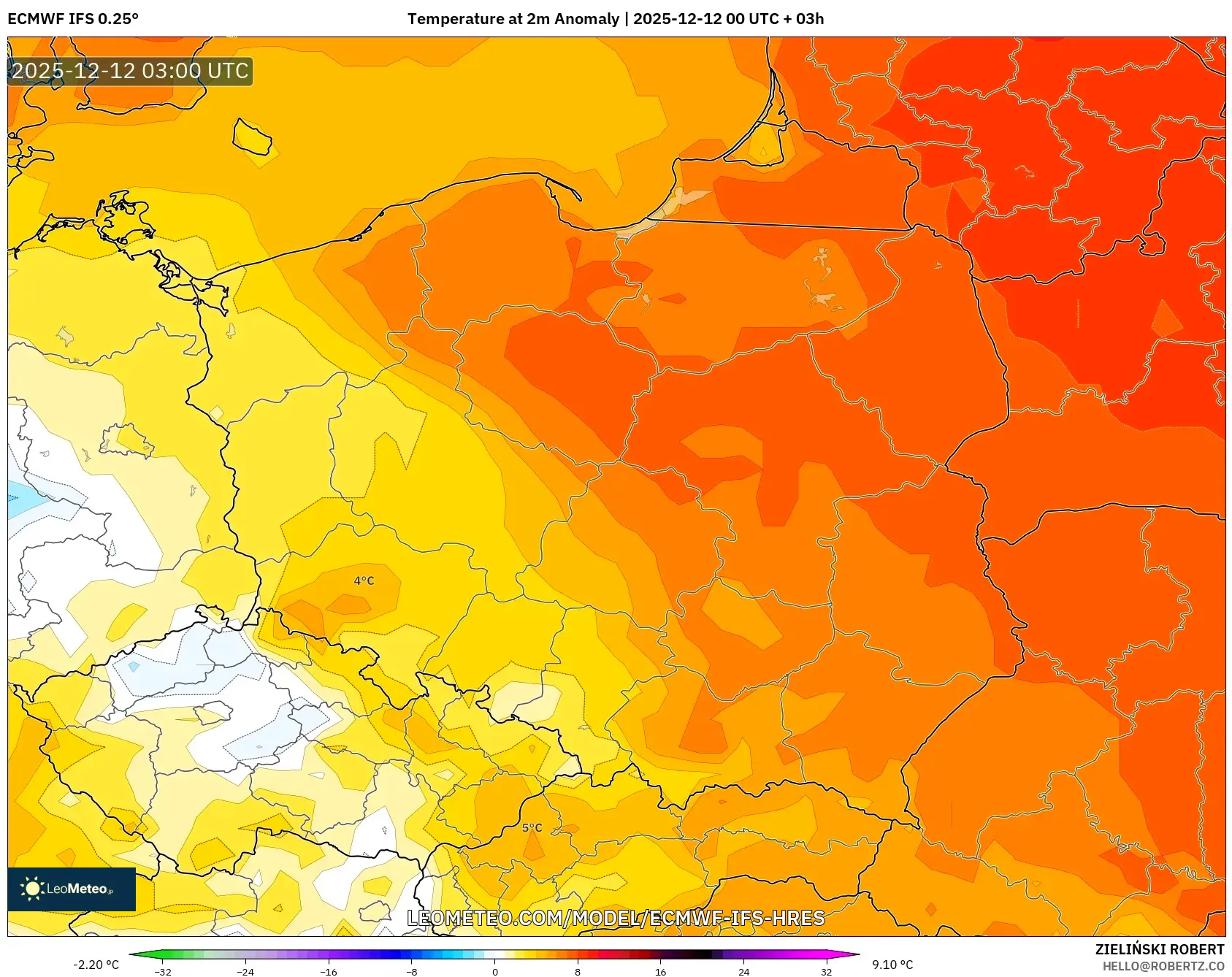 ECMWF IFS 0.25° model - Poland, Anomali Suhu 2 m