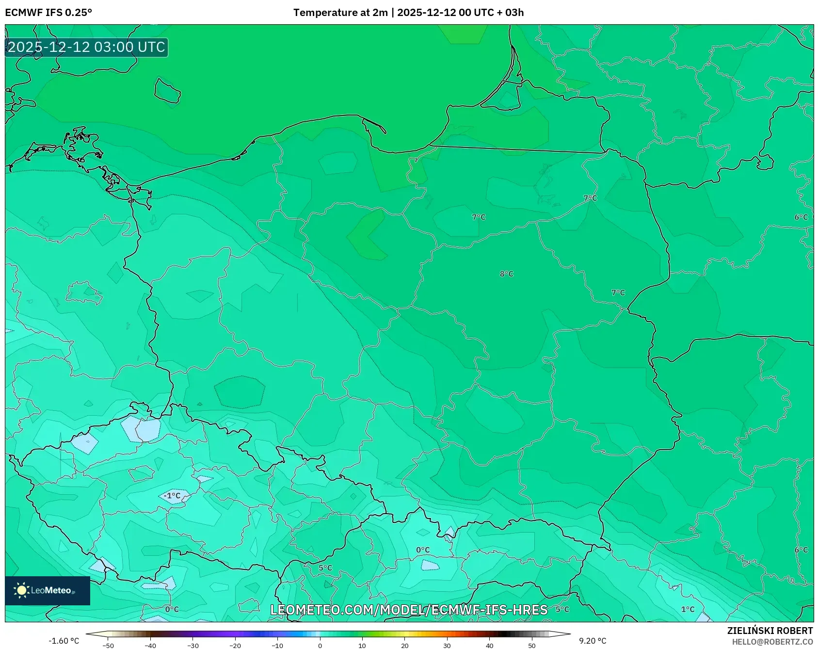 ECMWF IFS 0.25° model - Poland, Suhu pada 2 m